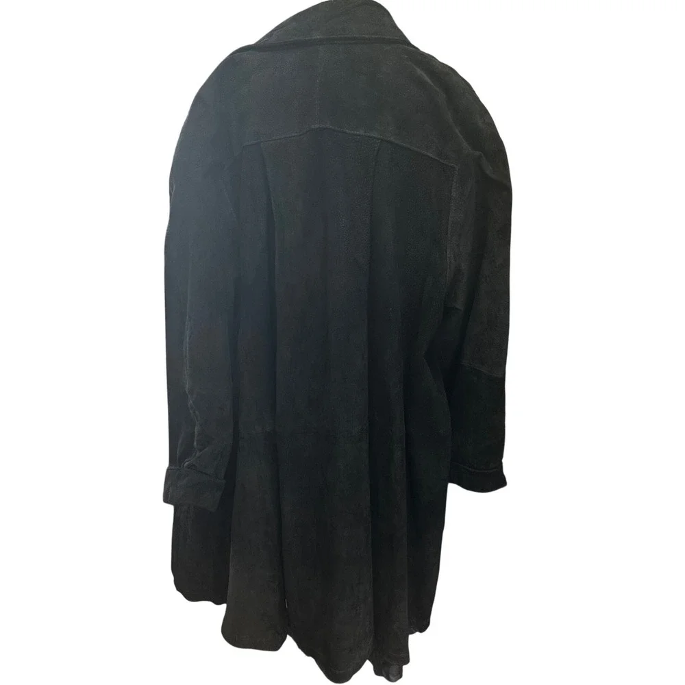 Jacqueline‎ Ferrar Vtg Duster Coat Women 2X Black Heavy Suede Leather Open Front